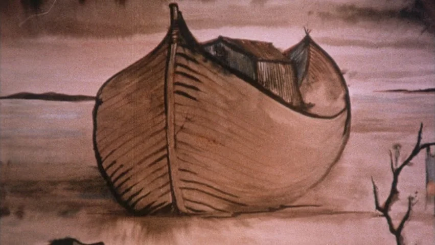 Four Times that Night (1971) movie still: medium — A hand-drawn illustration depicts a large wooden ship resting on a desolate shoreline. The…