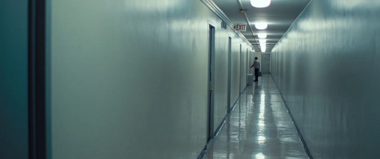 The Secret Life of Walter Mitty (2013) movie still: wide — A long, sterile institutional hallway features smooth, pale walls and polished reflective…