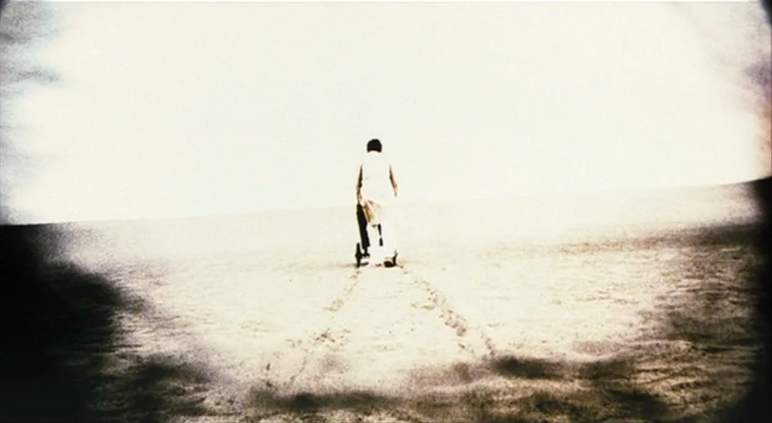 Rampo Noir (2005) movie still: wide — A vast, barren, sandy expanse stretches to a distant, flat horizon line. A lone individual travels away from…