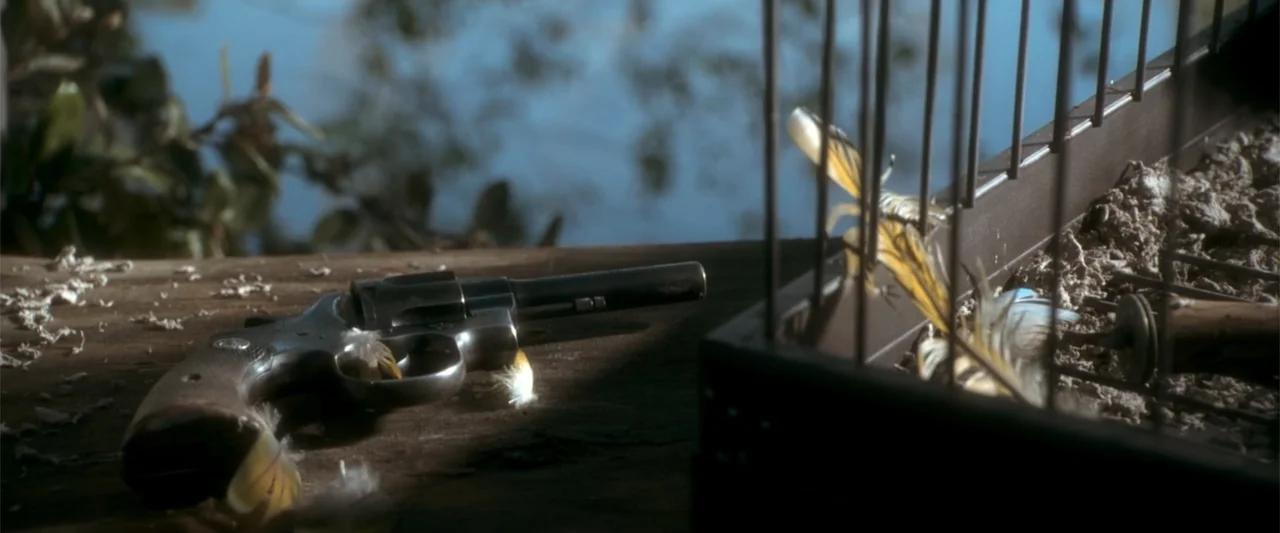 Anaconda (2025) movie still: closeup — A metal cage and a revolver rest on a dark, weathered wooden plank outdoors. Scattered small feathers lie…