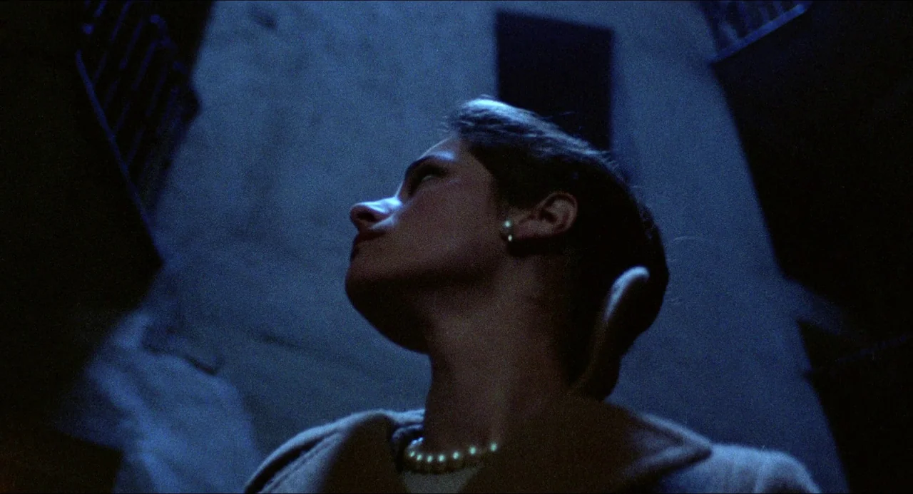 The Night Porter (1974) movie still: closeup — A narrow alleyway at night with rough stone walls flanking the subject. The woman stands in the…