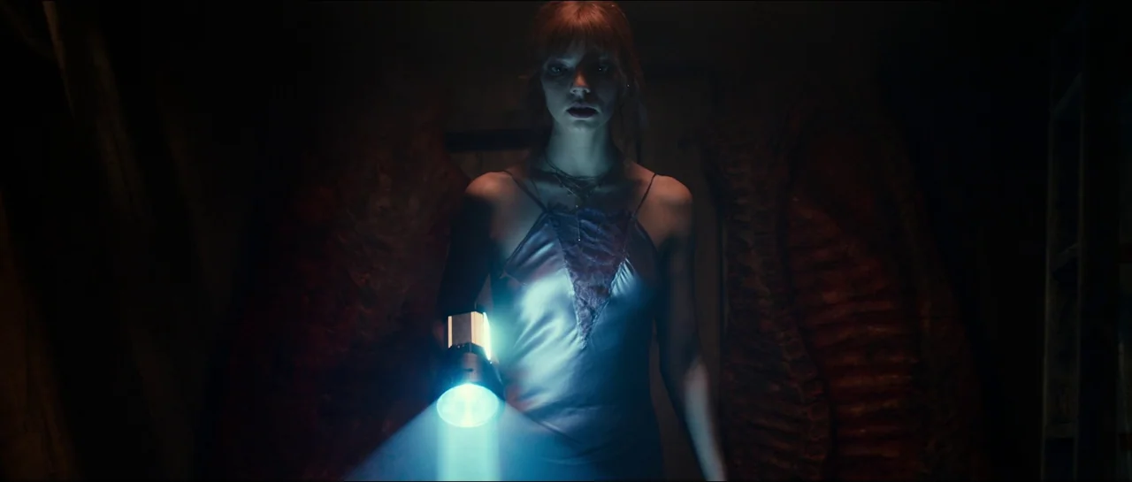 The Menu (2022) movie still: medium — A dark, cramped basement with textured reddish-brown walls and indistinct background shapes. A young woman…