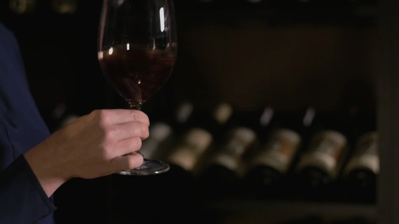 Somm: Into the Bottle (2015) movie still: closeup — A dark wine cellar interior features rows of blurred wine bottles on wooden shelves. A person…