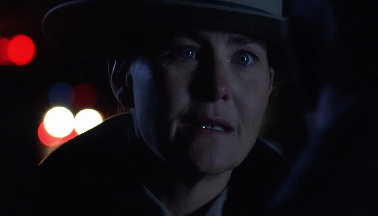 Signs (2002) movie still: closeup — A dark outdoor setting at night illuminated by distant out-of-focus city lights. A woman wearing a hat stares…