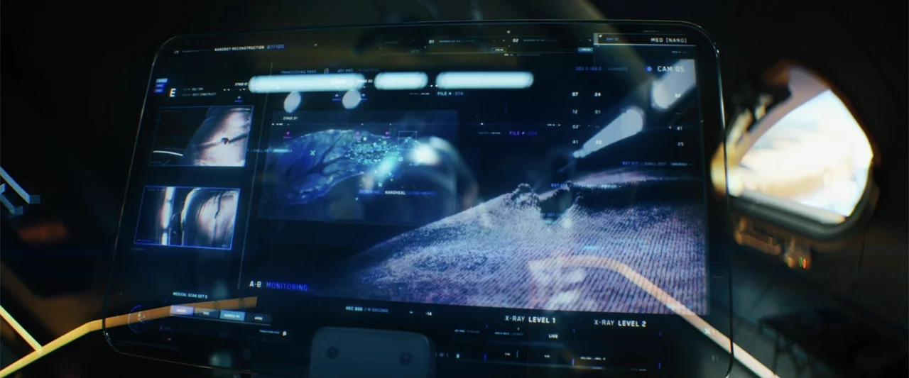 Black Adam (2022) movie still: closeup — A dark, futuristic medical diagnostic interface shows detailed digital imagery and biometric data fields.…