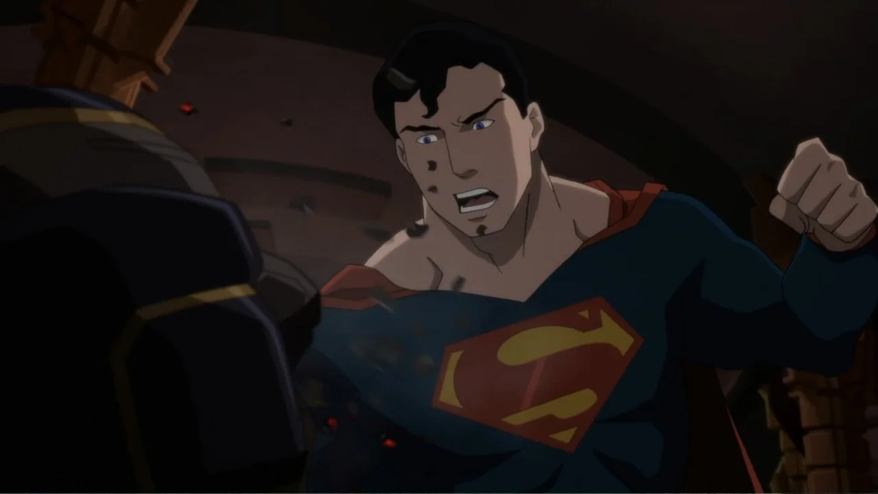 Justice League Dark: Apokolips War (2020) movie still: medium — A dark, dimly lit interior space with debris floating in the air. A man in a blue…