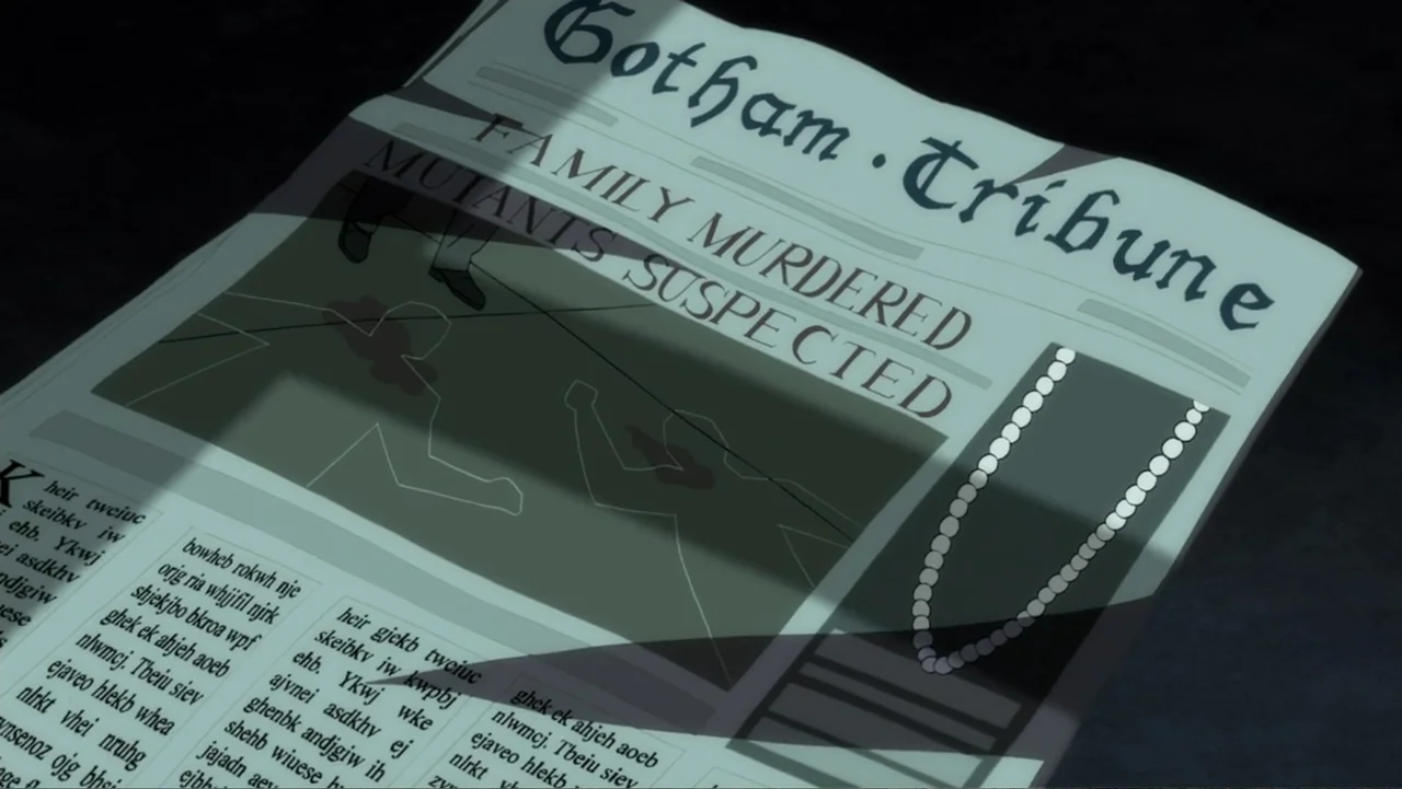 Batman: The Dark Knight Returns, Part 1 (2012) movie still: closeup — A close-up view shows a newspaper titled Gotham Tribune lying on a flat…