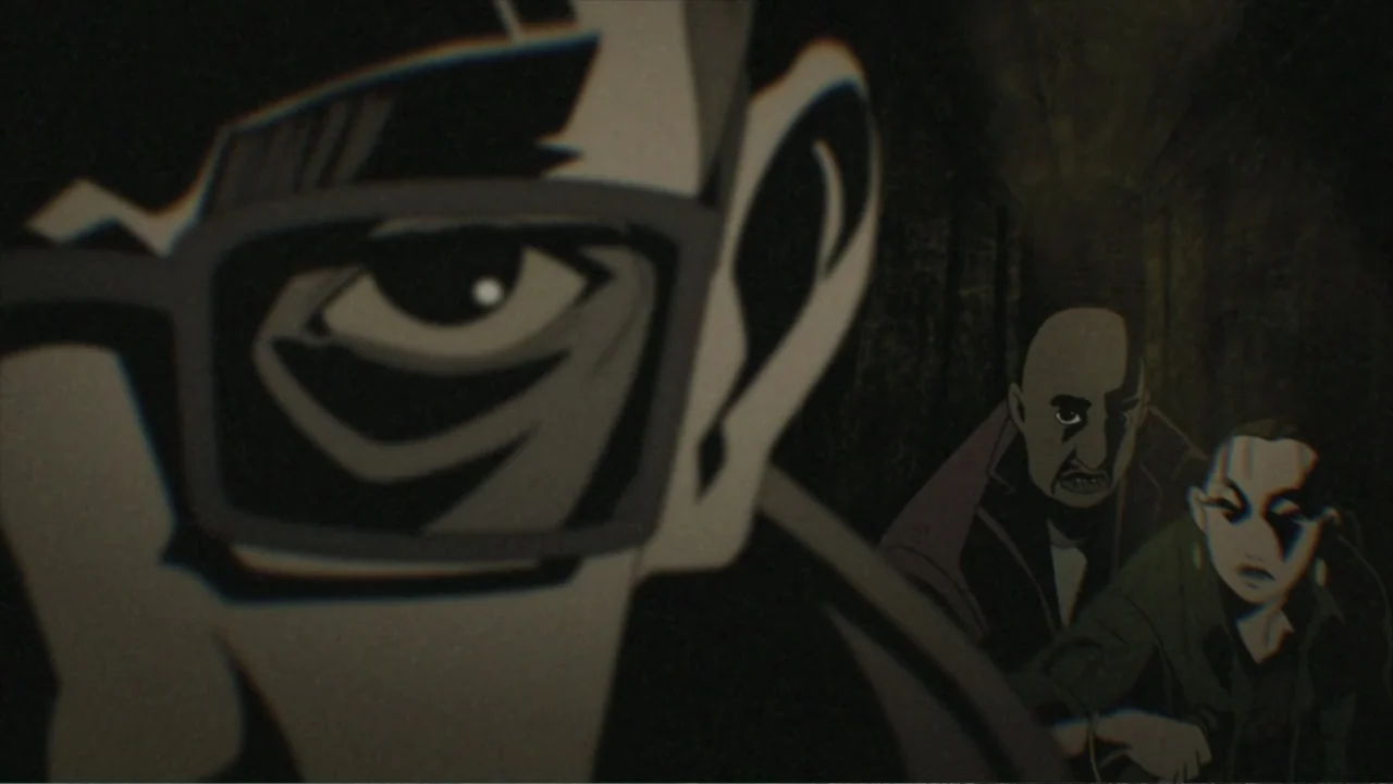 Batman: Gotham Knight (2008) movie still: closeup — A dark subterranean concrete passage houses three figures in low, high-contrast light. A man in…