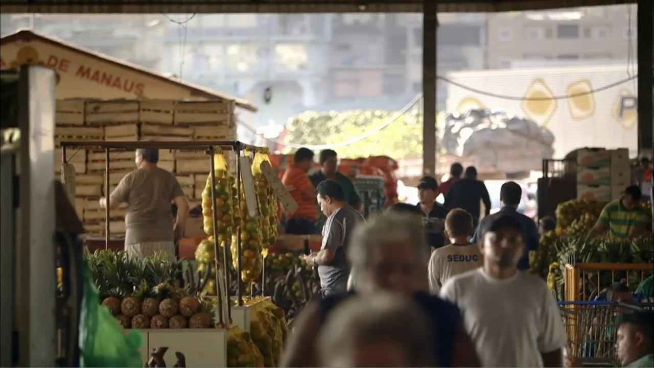 Aliens Inside Us (2013) movie still: wide — A bustling produce market features stalls filled with pineapples and bags of oranges. Shoppers and…