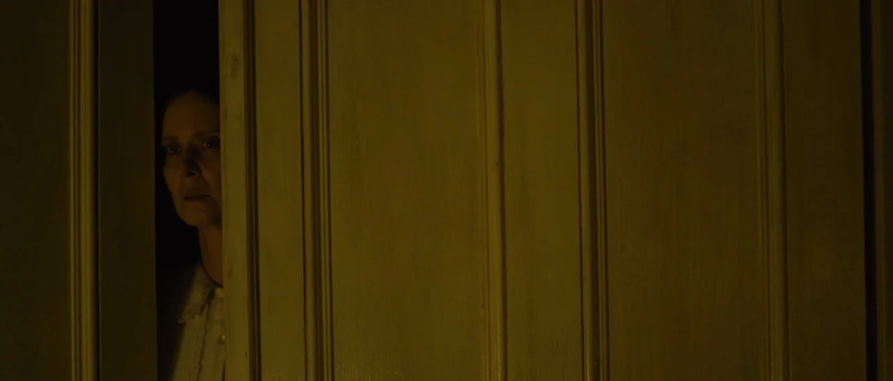A Quiet Passion (2016) movie still: closeup — A woman stares through the thin slit of a partially closed interior door. The wooden door frame…