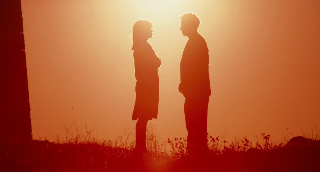 Take This Waltz (2011) movie still: fullbody — Two individuals stand facing each other atop a grass-covered hill at sunset. A dark vertical…