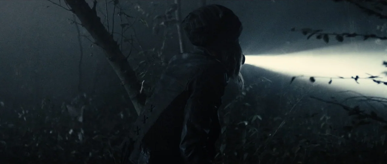 The Possession (1950) movie still: medium — A dark, fog-filled woodland area at night obscured by dense branches and undergrowth. A person wearing a…