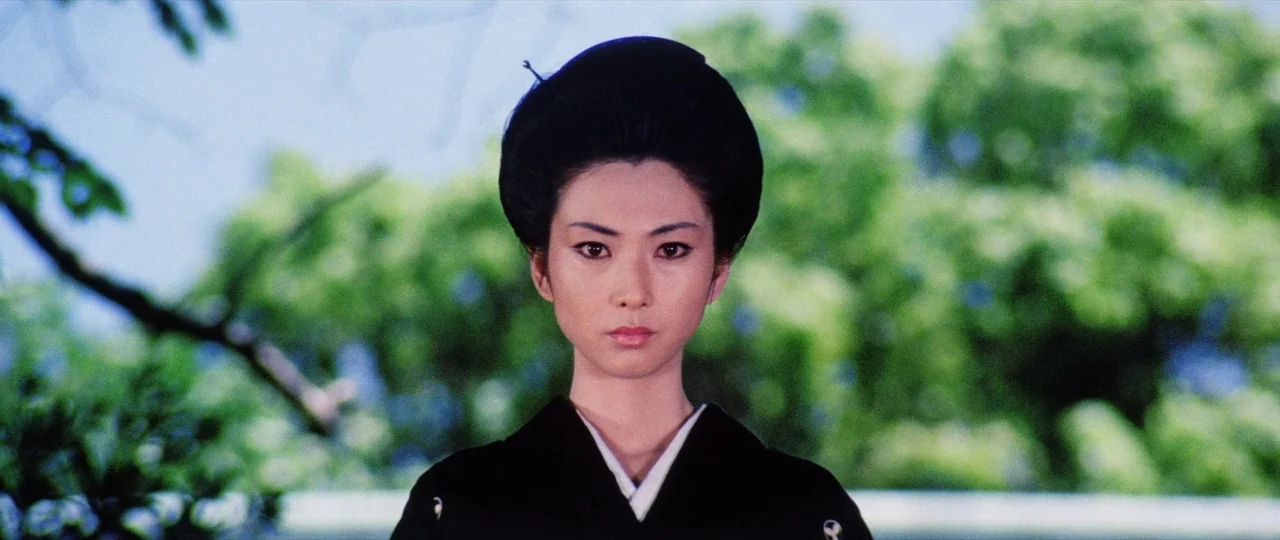 Lady Snowblood Song of Vengeance (1974) movie still: closeup — A woman stands in a park with out-of-focus green trees in the background. The subject…