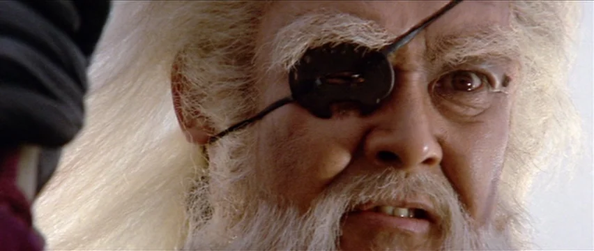 Lone Wolf and Cub: White Heaven in Hell (1974) movie still: closeup — The face of an elderly man with long white hair fills the frame. He wears a…