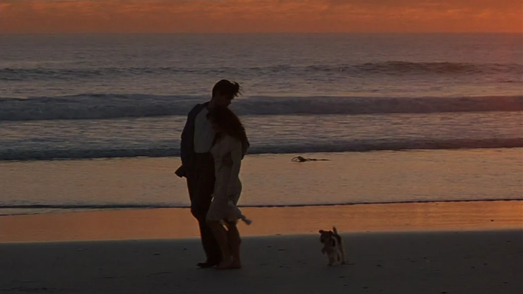 Ask The Dust (2006) movie still: fullbody — A sandy coastline is illuminated by the intense orange light of a setting sun. A man and a woman walk…