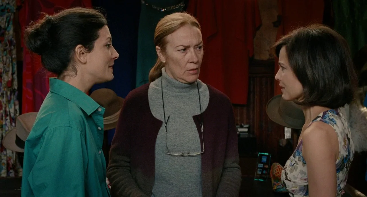 The Skin I Live In (2011) movie still: medium — A retail space contains racks of colorful clothing and hats hanging on walls. Three women stand in a…