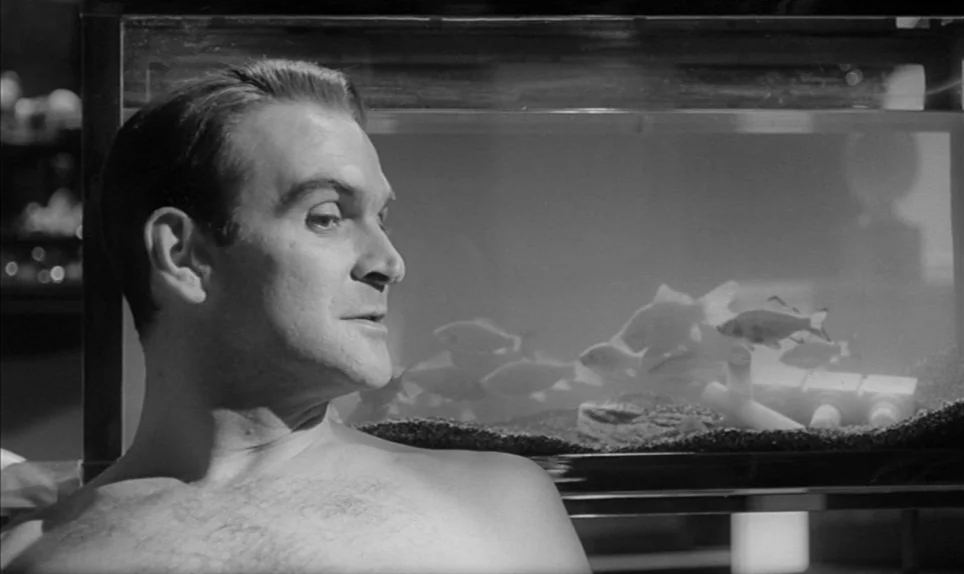 Eva (1962) movie still: closeup — A man sits in front of a rectangular fish tank filled with water. Several small fish swim among gravel and white…