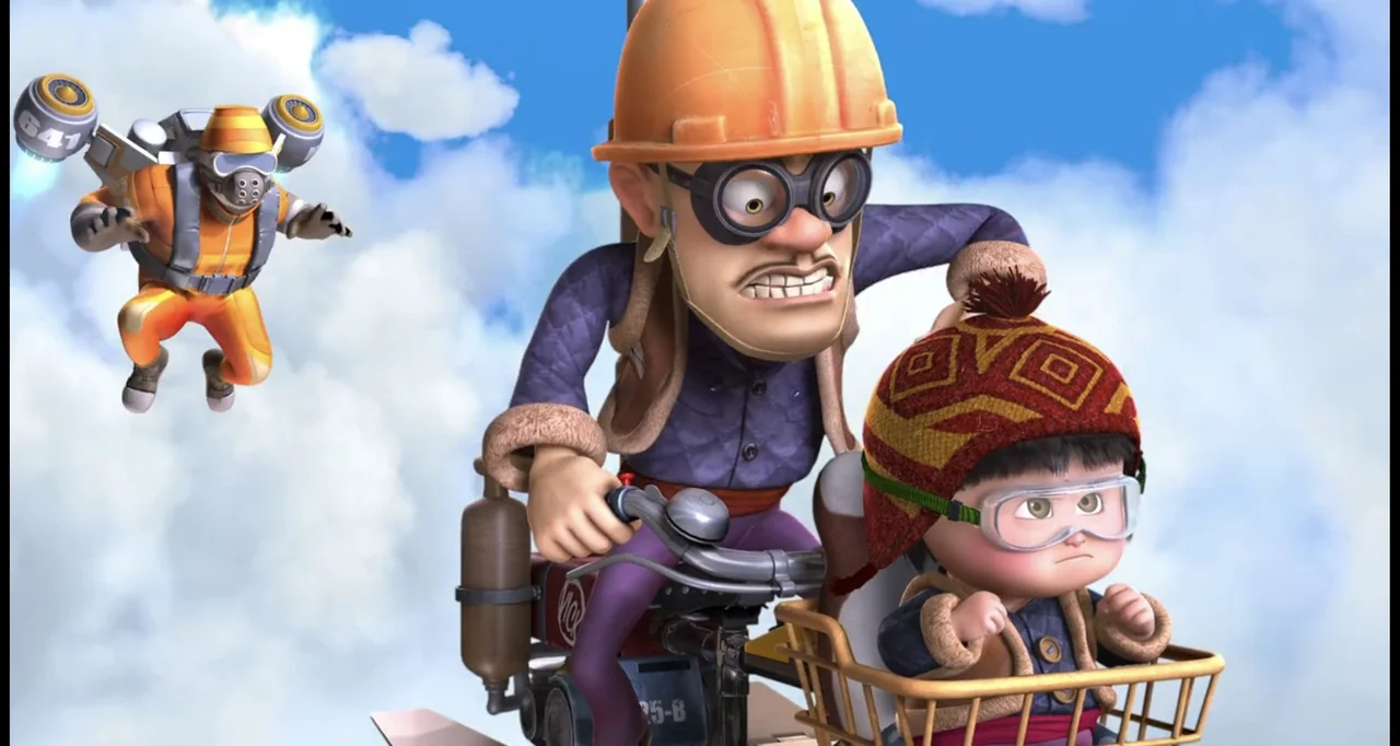 Boonie Bears: To the Rescue (2014) movie still: medium — A man wearing a hard hat pilots an airborne bicycle through a cloudy sky. He carries a…