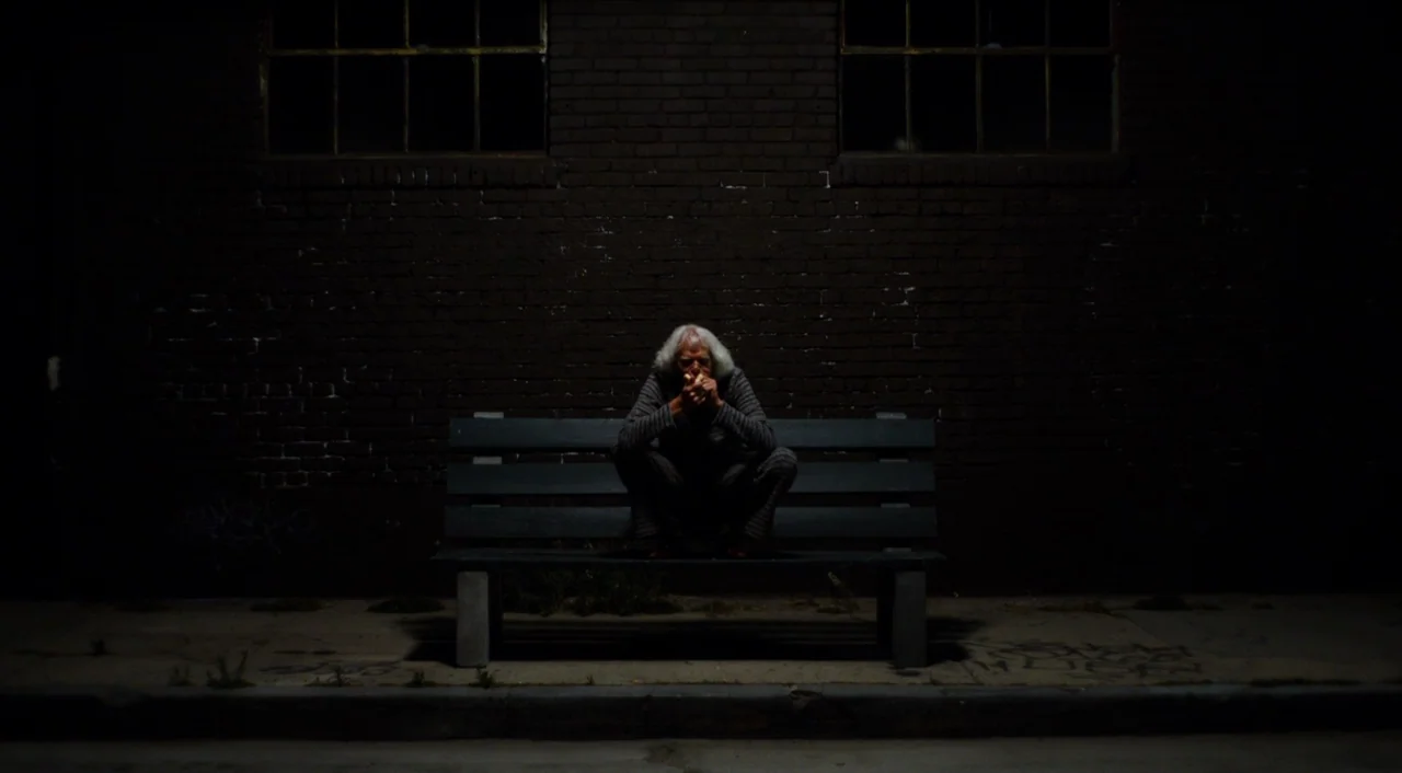 The Greasy Strangler (2016) movie still: wide — A dark brick wall with two rectangular window frames sits behind a lonely bench. An older person…