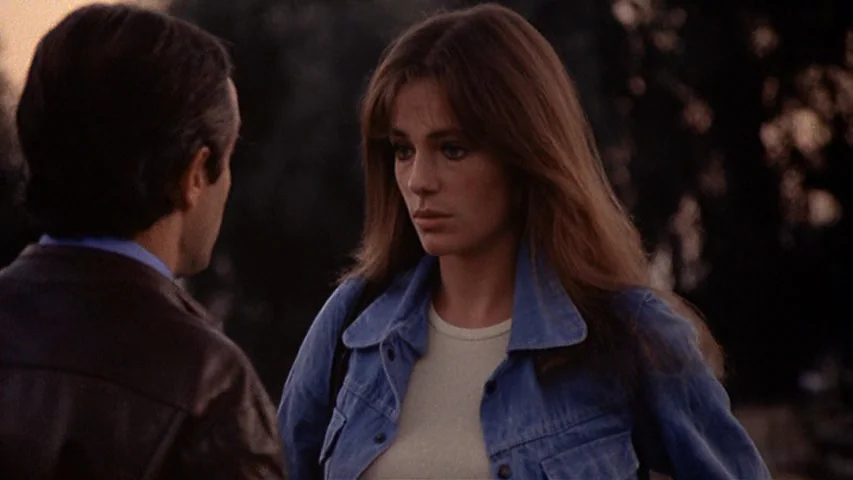 Day for Night (1973) movie still: medium — A man and a woman stand together outdoors against a blurry tree background. The woman faces the man while…