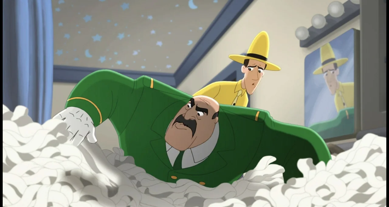 Curious George (2006) movie still: medium — A cartoon dressing room with starry wallpaper and a vanity mirror. A large man in a green suit emerges…