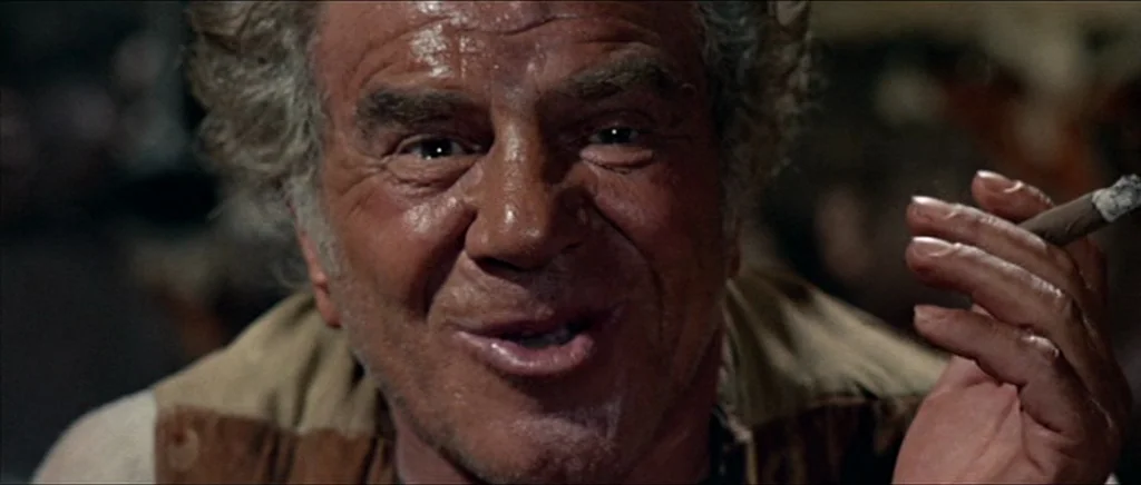 Once Upon A Time In The West (1968) movie still: closeup — An older man with weathered skin is in a dark indoor environment. He holds a cigar near…