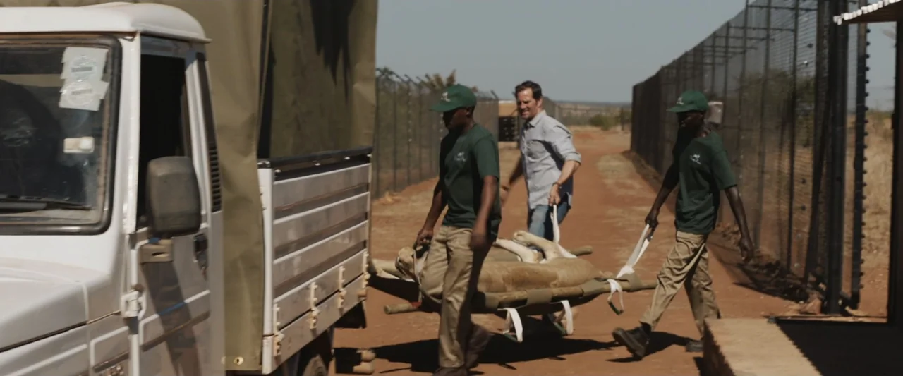 Mia and the White Lion (2018) movie still: fullbody — A dirt track beside a tall wire fence in an arid savanna environment. Three men walk across…