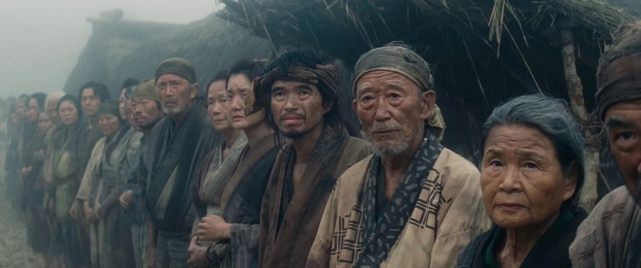 Silence (2016) movie still: medium — A group of villagers in historical Japanese attire stands in a long, crowded row. They are positioned outdoors…