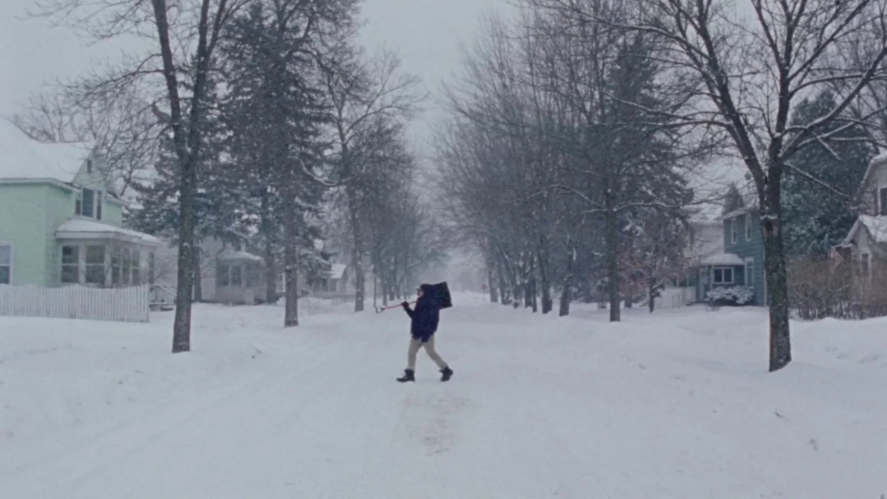 I Am Not a Serial Killer (2016) movie still: wide — A residential street is covered in a thick layer of freshly fallen snow. A single man walks…