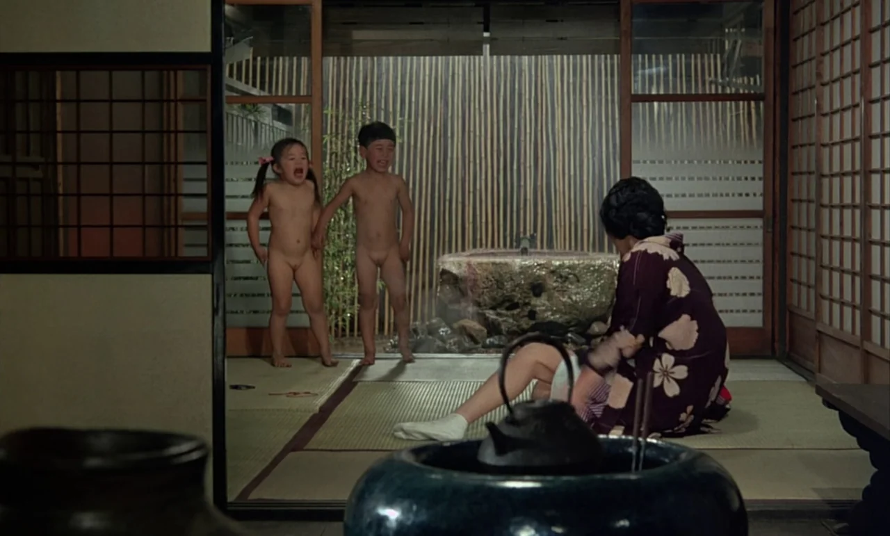 In The Realm of the Senses (1976) movie still: fullbody — A traditional room features tatami mats and sliding doors opening onto a bamboo fence. Two…