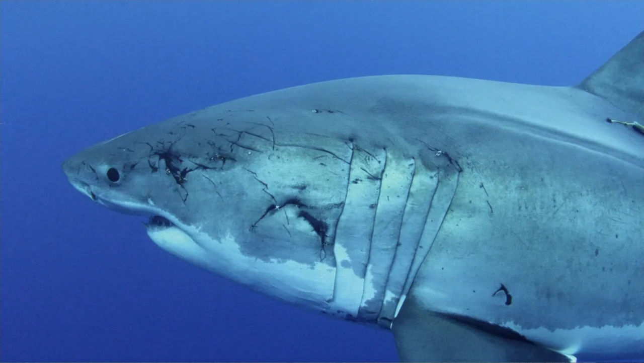 Shark Week: Off the Hook (2023) movie still: closeup — A great white shark swims through clear, deep blue water in an ocean environment. The shark…
