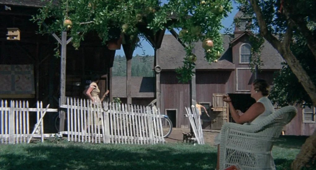 The Other (1972) movie still: wide — A rural farmyard features weathered red wooden barns and a white picket fence. A woman sits in a wicker chair…