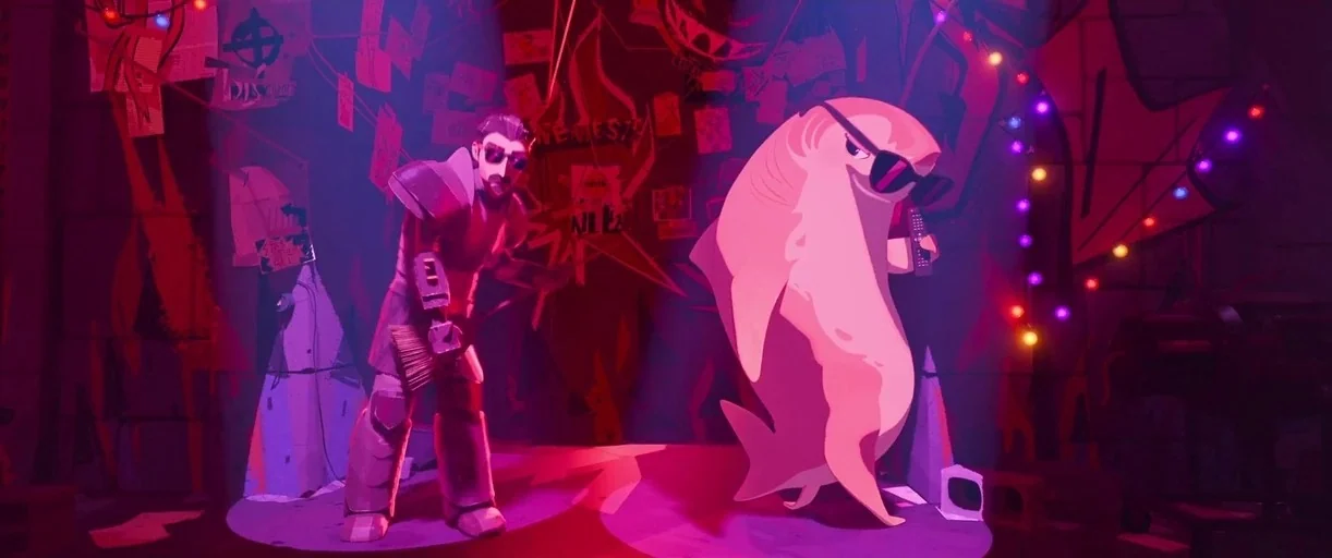 Nimona (2023) movie still: fullbody — A dimly lit room with walls covered in papers and graffiti illuminated by neon. An armored man holds a broom…