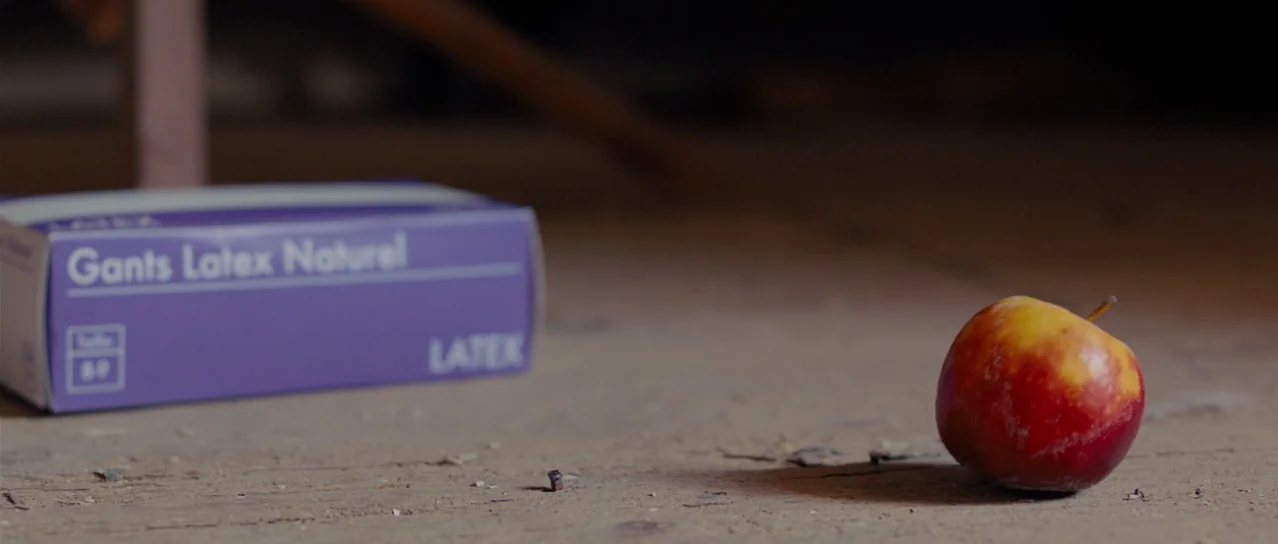 Road Games (2015) movie still: closeup — A wooden floor surface contains a purple box of latex gloves and an apple. The items sit near each other on…