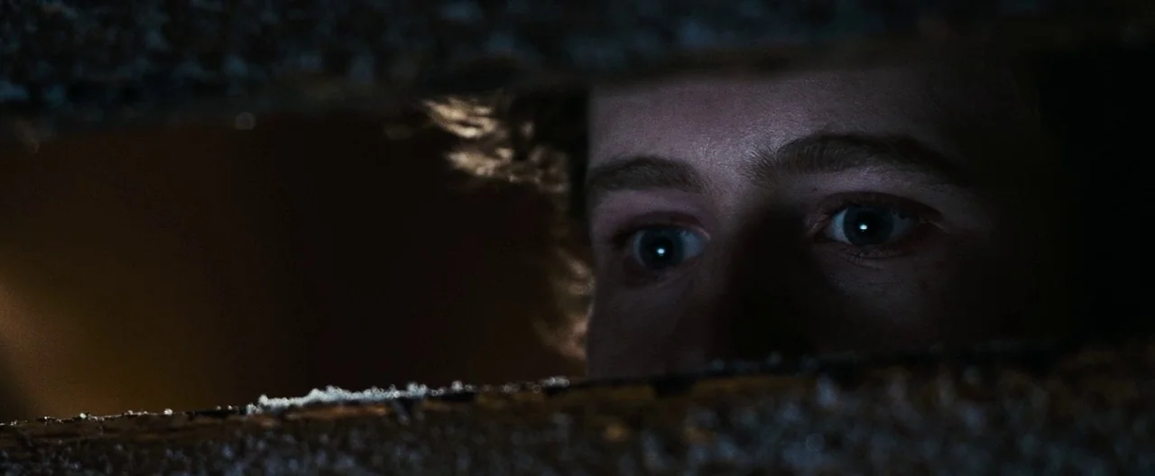 30 Days of Night (2007) movie still: closeup — A dark, narrow crawl space is framed by rough, textured wooden beams. A young man's face peers…