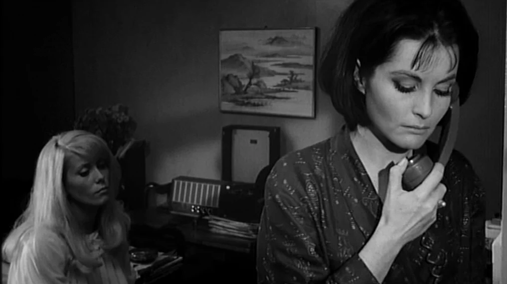 Repulsion (1965) movie still: medium — An interior space features a framed landscape painting on a wall behind two women. A brunette woman holds a…