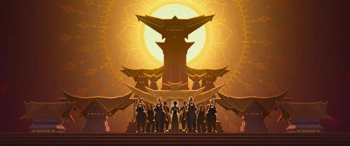 Raya and the Last Dragon (2021) movie still: wide — A grand, symmetrical structure with sweeping tiered roofs stands against a massive glowing sun.…