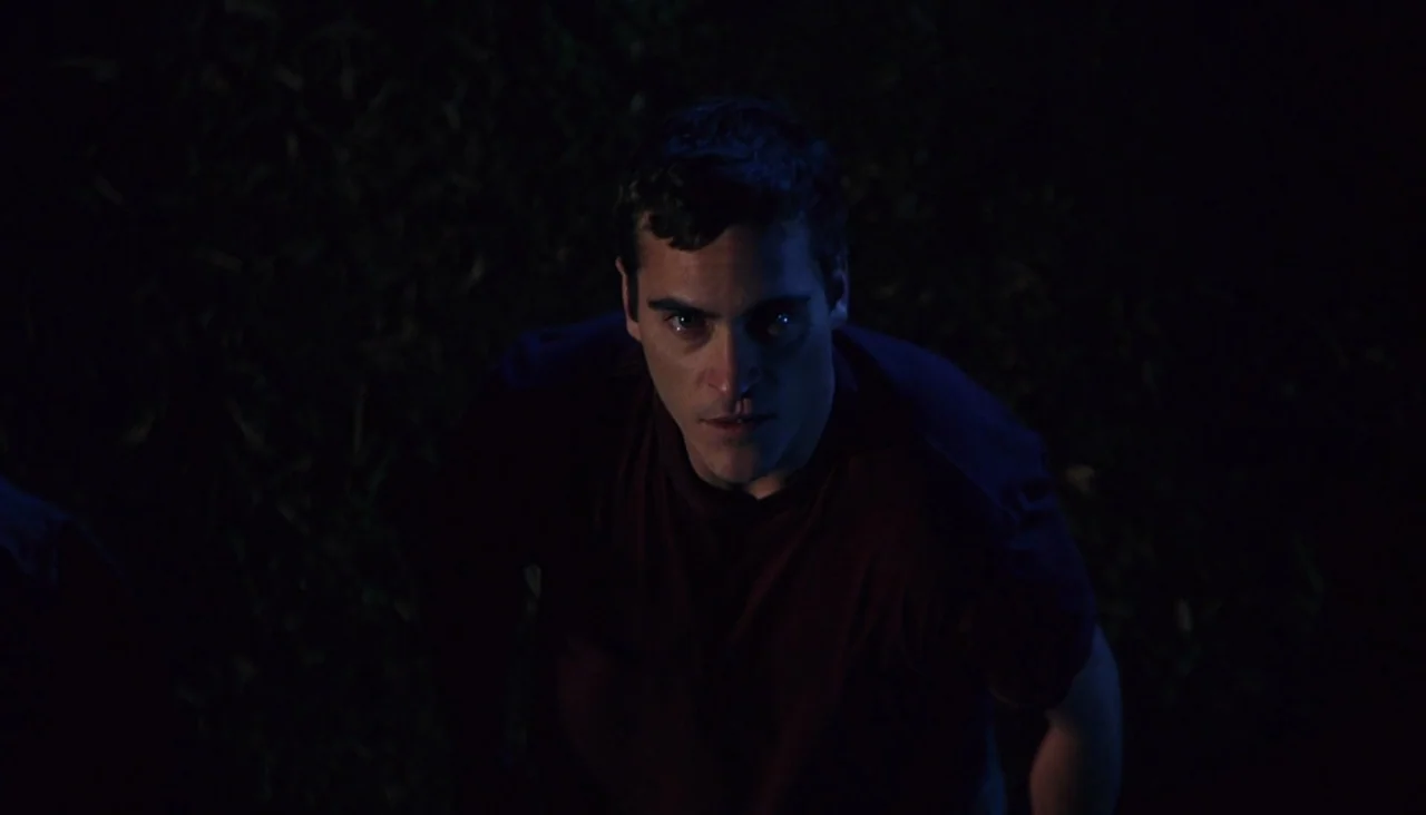 Signs (2002) movie still: medium — A dark night setting outdoors with dense foliage visible in the deep shadows. A young man stares upward while…