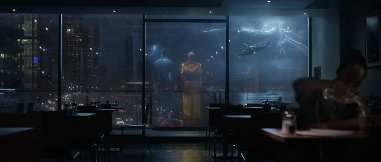 Doctor Strange (2016) movie still: wide — A dimly lit, modern establishment features floor-to-ceiling windows looking out over a stormy cityscape.…