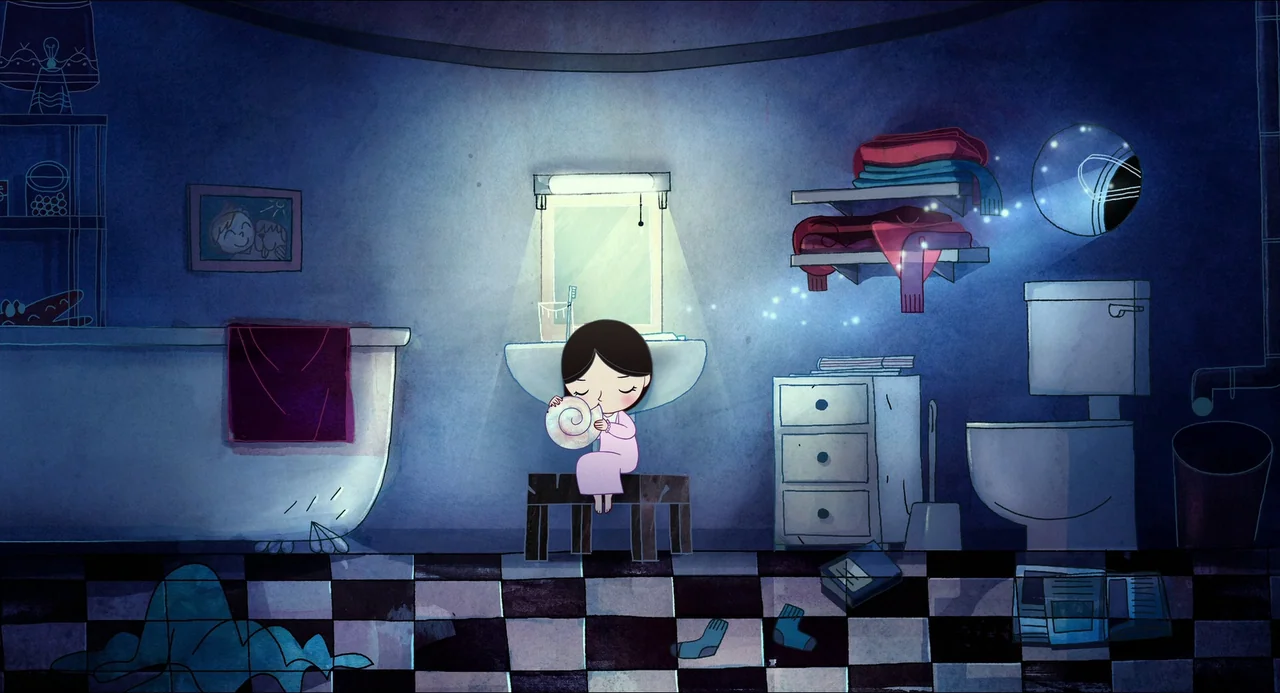 Song of the Sea (2014) movie still: wide — A 2D animated bathroom features a checkered floor, a claw-foot tub, and a vanity. The young girl sits on…
