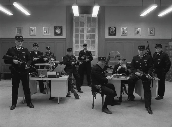 The French Dispatch (2021) movie still: wide — A group of police officers in uniforms stands and sits throughout an administrative workspace.…