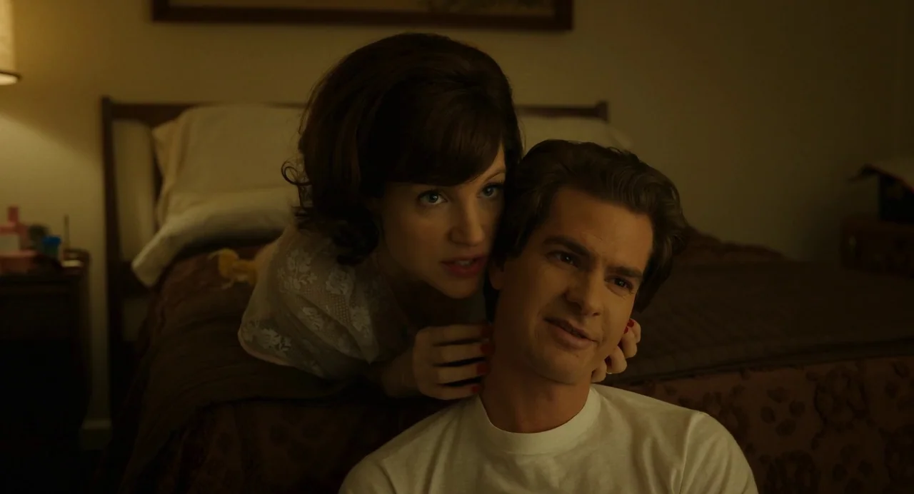 The Eyes of Tammy Faye (2021) movie still: medium — A dimly lit room features a woman leaning over a man sitting on a bed. The woman's hands rest on…