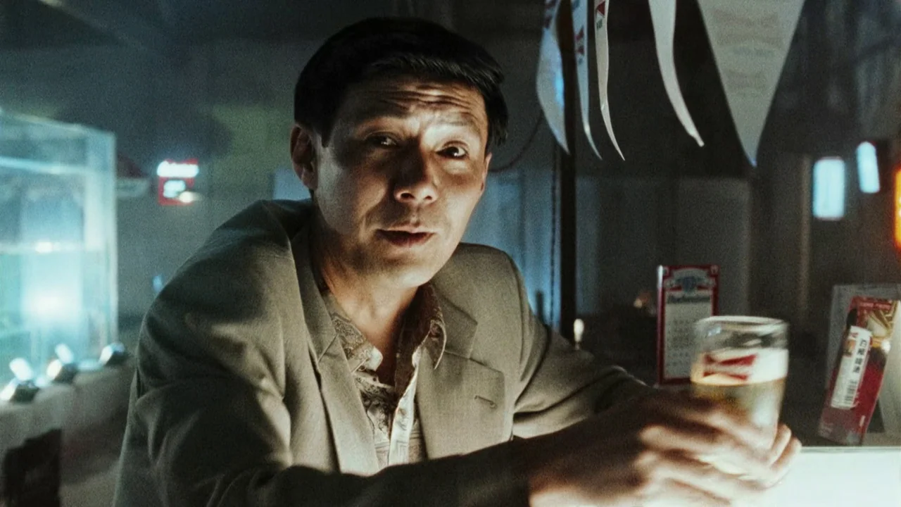 Suzhou River (2000) movie still: medium — A dimly lit indoor bar interior featuring hanging pennants and branded signs. A man sits at the counter…