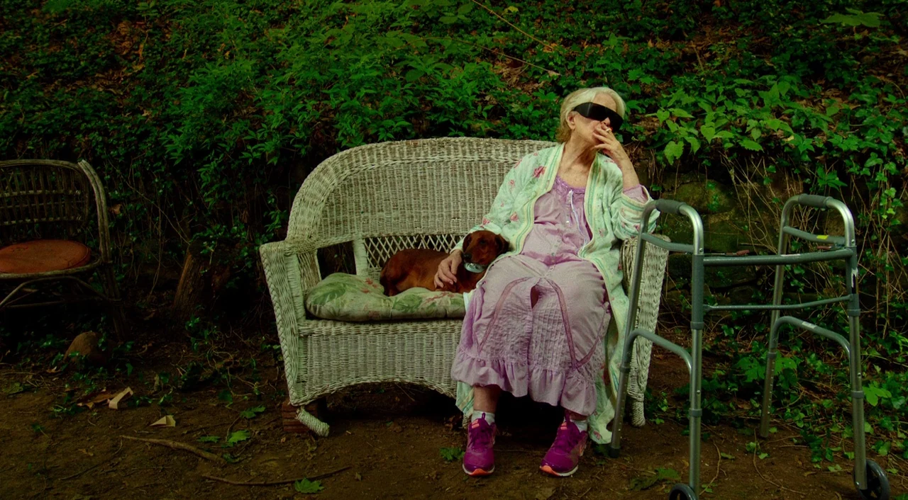 Wiener-Dog (2016) movie still: fullbody — An elderly woman sits on a white wicker bench outdoors in a wooded area. She smokes a cigarette with a…
