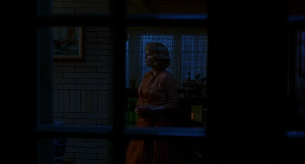Far From Heaven (2002) movie still: medium — A dimly lit room with brick accents and a distant window featuring sheer curtains. A woman in a dress…