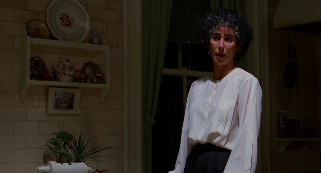 Moonstruck (1987) movie still: medium — A home kitchen features tile walls adorned with decorative wall plates and a small houseplant. A woman in a…