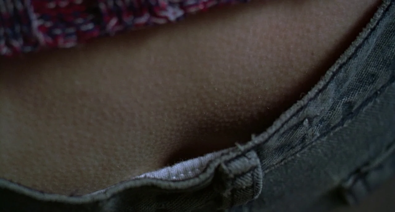 The Ice Storm (1997) movie still: closeup — A close-up view of a person's skin visible between clothing items. A red patterned top meets the…