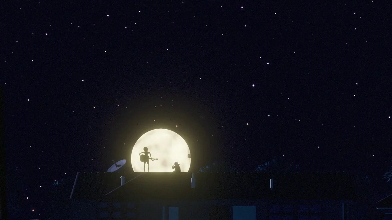 Boys Go To Jupiter (2024) movie still: wide — A dark, stylized house roof appears against a vast sky filled with bright stars. Two silhouetted…