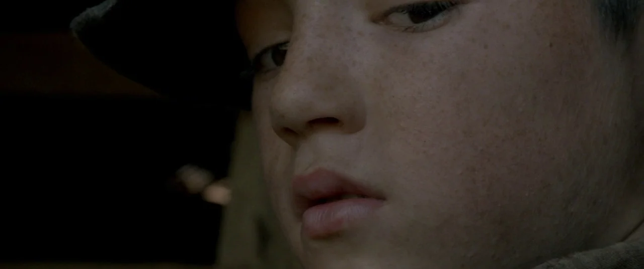 Lawless (2012) movie still: closeup — A close-up view shows a young child face partially obscured by shadow. The child gazes downward while…