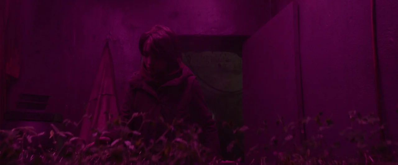 Vesper (2022) movie still: medium — A dimly lit indoor space with textured walls and purple lighting. A woman looks down at a tray of young plants.